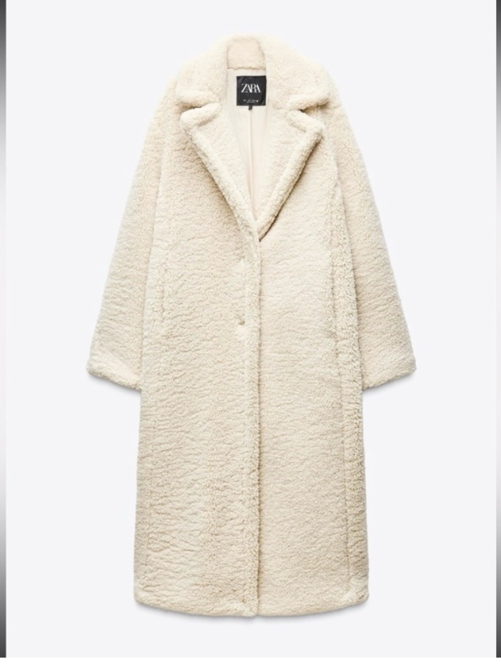 Zara Cream Teddy Coat — Long Lapel Button Jacket
